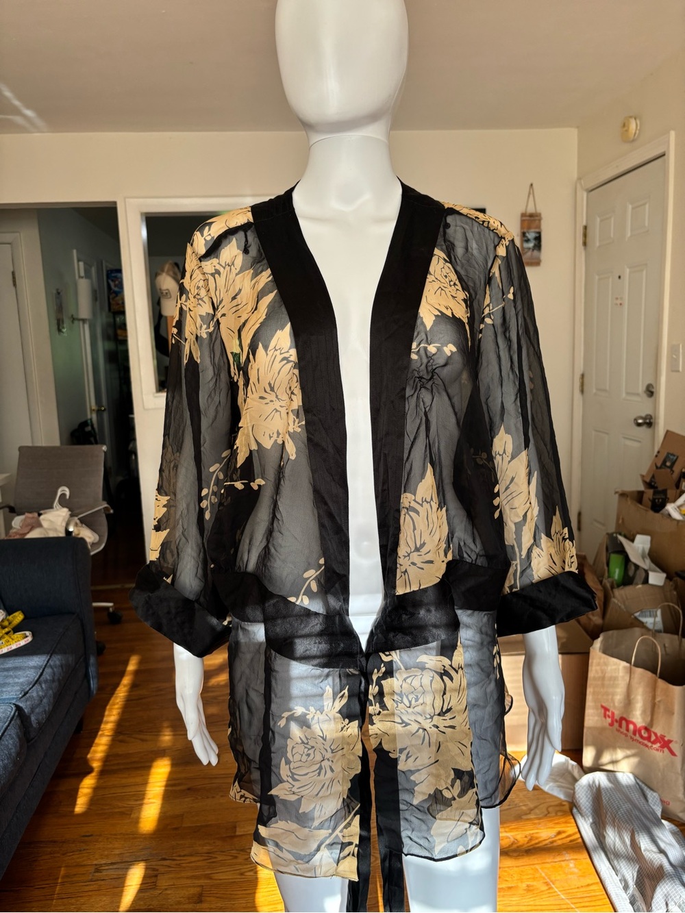 Ashley Stewart Sheer silk  Floral Kimono Robe Tie 3/4 Sleeve 16 XL